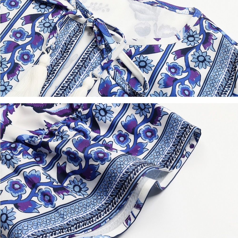 (Last 1) Athena Bohemian retro Greek floral blue/white tassel shirt sleeve top - Picture 4 of 8